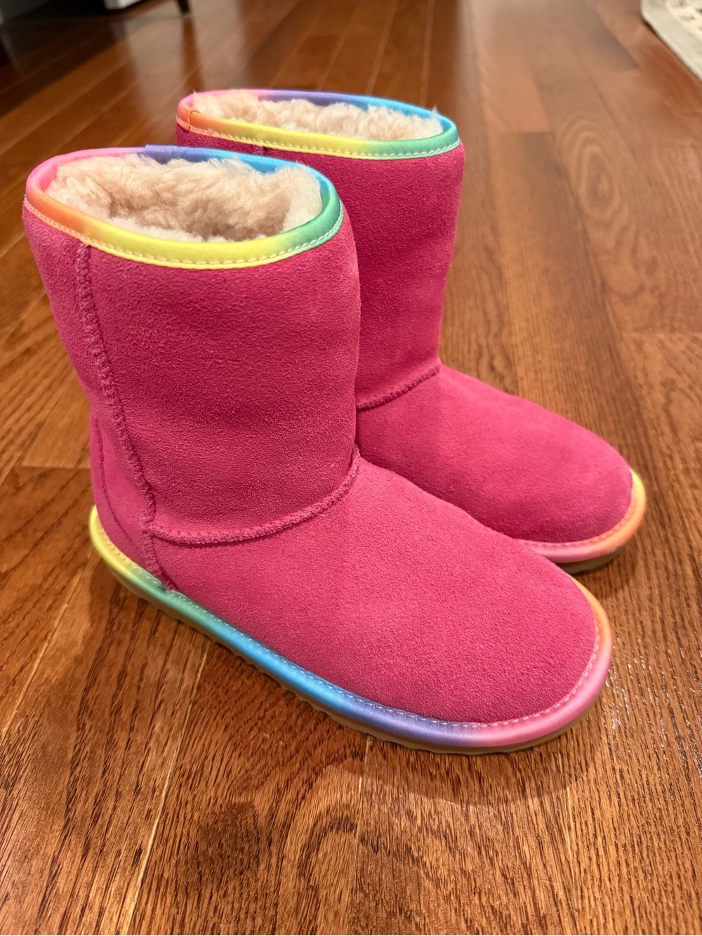 UGG Kids Pink Suede Boots with Rainbow Trim